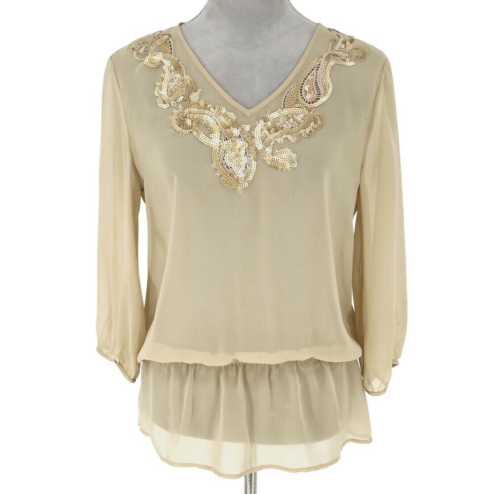 Chicos Top 0 Womens 4 Small Beige Blouse Sheer Chiffon Sequins Elastic Waist